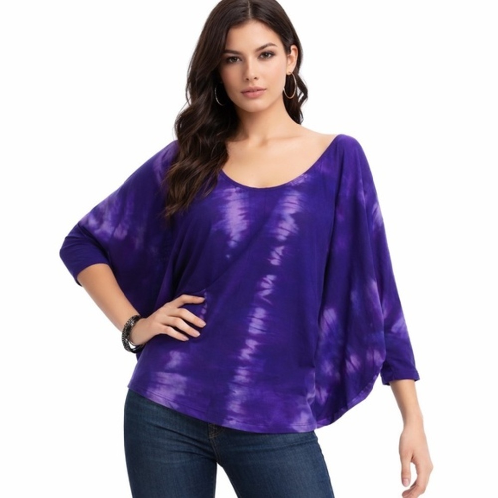 ELIZABETH & JAMES Oversized Blue/Purple Tie Dye Batwing Jersey Tee Top M